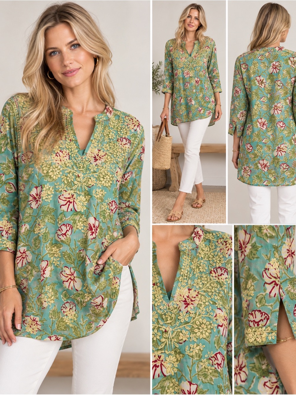 Amaya Size 40 Embroidered Floral Aqua Green Boho Tunic Top us sz M